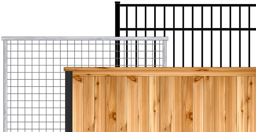 Iron, bull panel, and cedar fence styles shown side by side